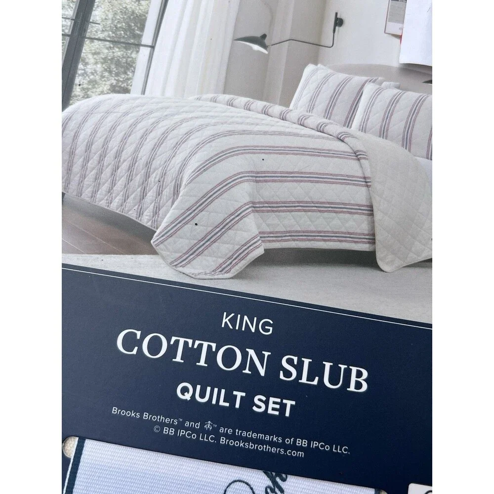 Brooks Brothers Blue Red White Stripes King Cotton Slub Quilt Set 106x92” New